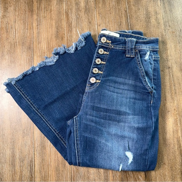 KanCan High-Rise Super Flare Jeans Button Raw Hem dark blue - Picture 2 of 10